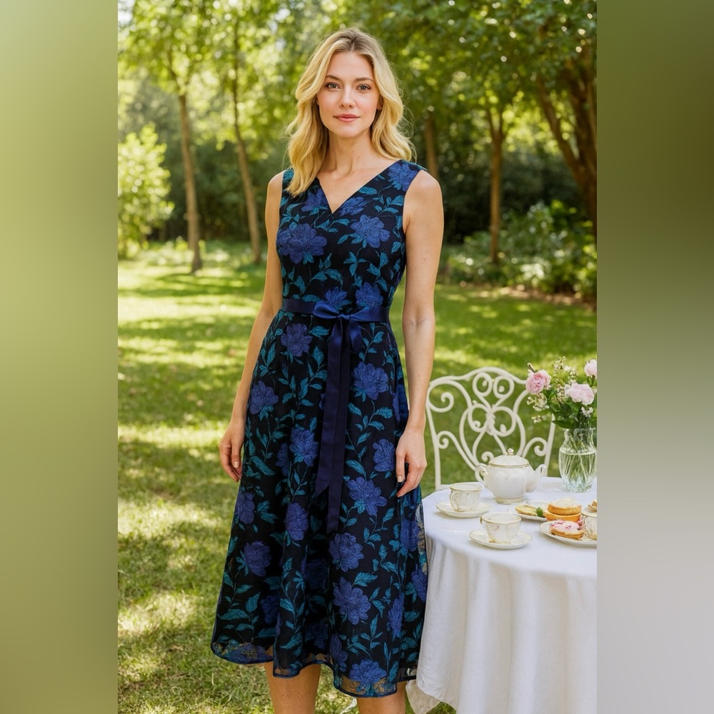 Tahari ASL RARE Navy Blue Teal Floral Embroidered Midi Dress Belt Sleeveless 2